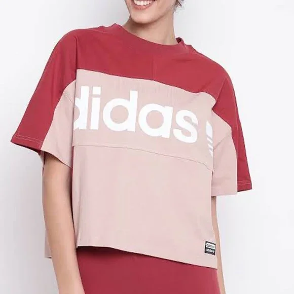 ADIDAS Originals Contrast Panel Oversized 'Boxy' Cropped Logo Print Tee - Size S - Picture 1 of 6